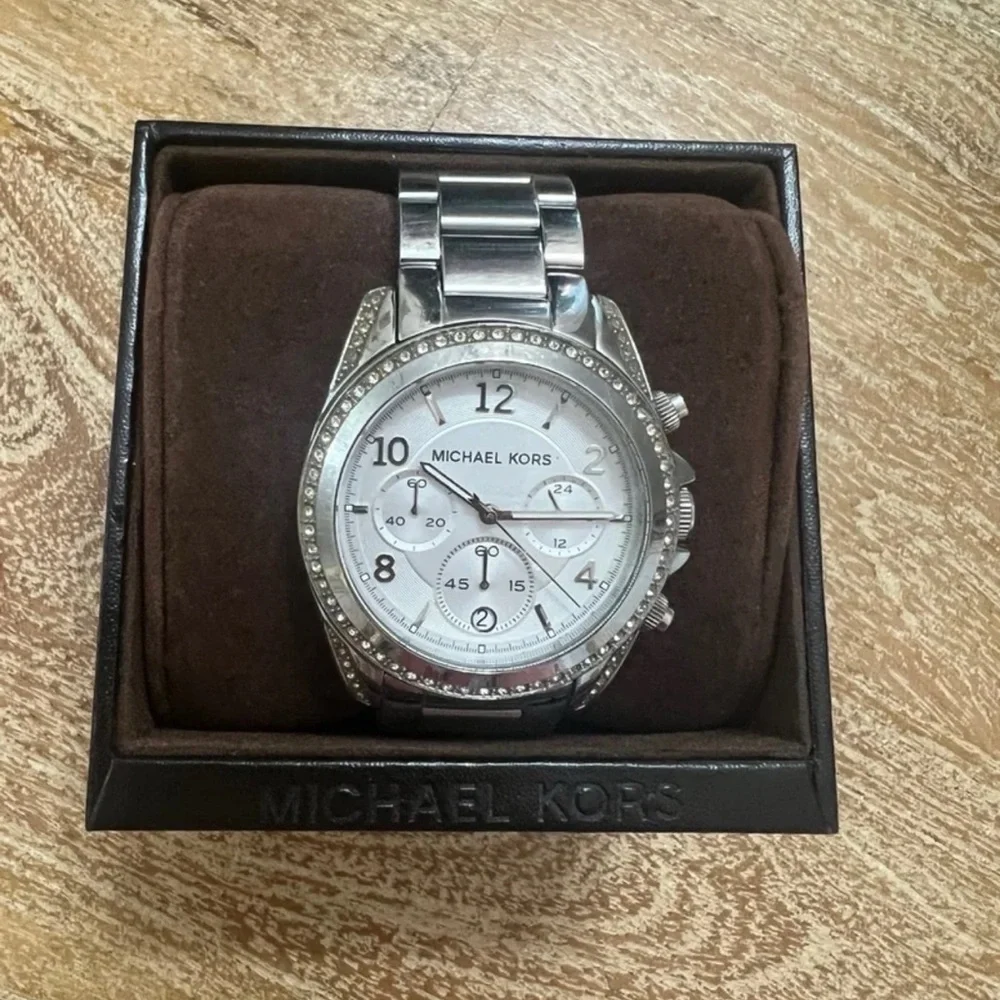 Michael Kors Silver Chronograph Watch with Crystal Bezel